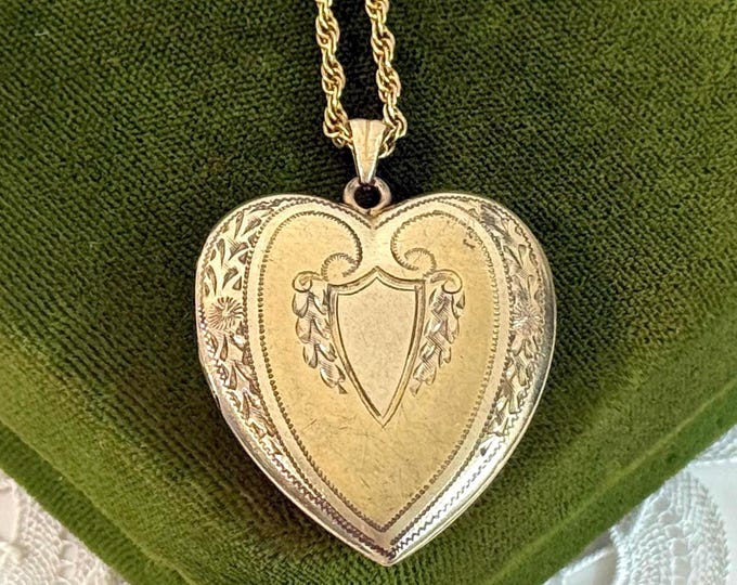 Antique Gold Filled Heart Locket - Bates & Bacon Etched Floral 2 Photo Pendant Necklace