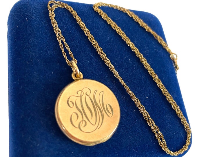 Round Gold Filled Locket - Vintage Monogrammed "TOM" W&H Co Photo Locket Pendant on 14K GF Chain - Edwardian Necklace 1900s Estate Jewelry