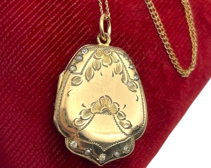 Vintage Gold Locket Necklace - Victorian Gold Filled Etched Pendant Shield Shape Rhinestones Seed Pearls 12K GF Chain Photo Estate Jewelry