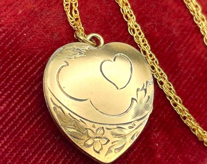 LARGE Vintage 12K Gold Filled Heart Locket Necklace - on 14K GF Chain Lestage LMFG Etched Photo Estate Jewelry Gift for Her