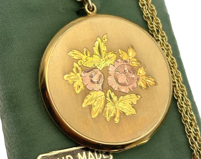Vintage Gold Filled Large Round Locket - New Old Stock - Fisher 12K GF Flowers Necklace Pendant Ca 1940s Etched 2 Photo w/ JMF Co Hand Made