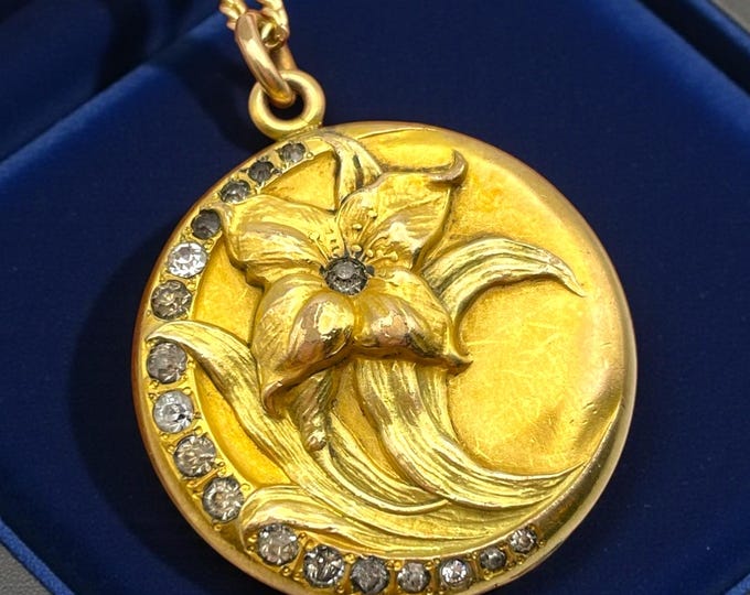 Antique Art Nouveau Gold Filled Locket - Repousse Floral Flower Paste Gemstones Necklace W&H Hallmark