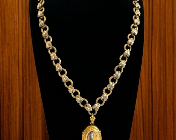 Antique Oval Ornate Etruscan Locket on Heavy Foliate Chain - Pendant w/ 2 Photo Wells - Late 1800s to Early 1900s Mixed Metal Estate Jewelry