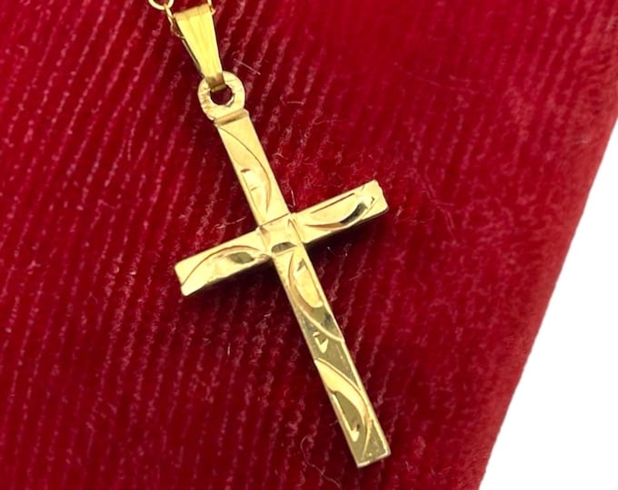 Vintage Gold Filled Etched Cross - THEDA Hallmark 12K GF on 14K GF Chain 1950s Retro Religious Christian Pendant Necklace Jewelry Gift