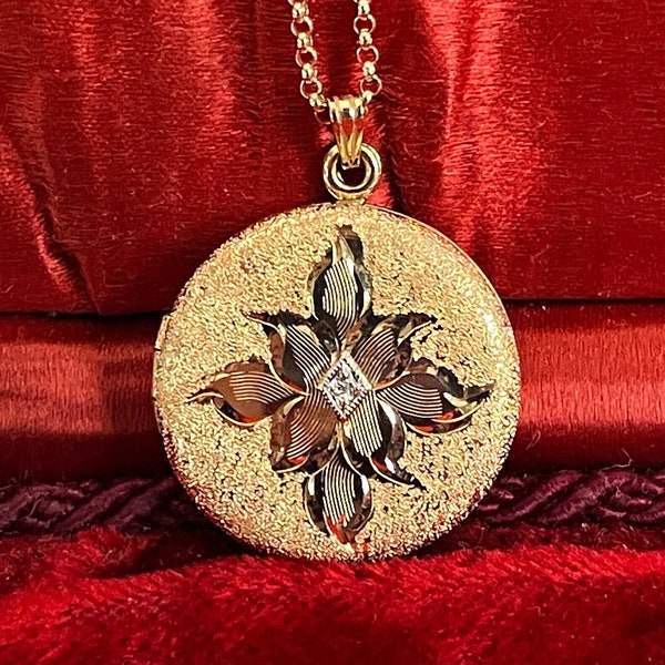 Vintage Round 12K Gold Filled Locket Necklace - Etched Retro Pendant w/ Diamond on 14K GF Chain - 2 Photo Estate Jewelry