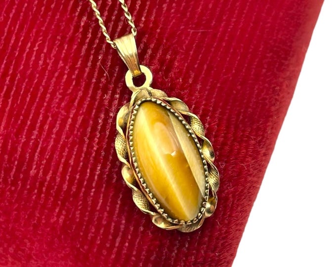Vintage 12K Gold Filled Tiger's Eye Pendant Necklace: Tru-Kay TK GF Chain