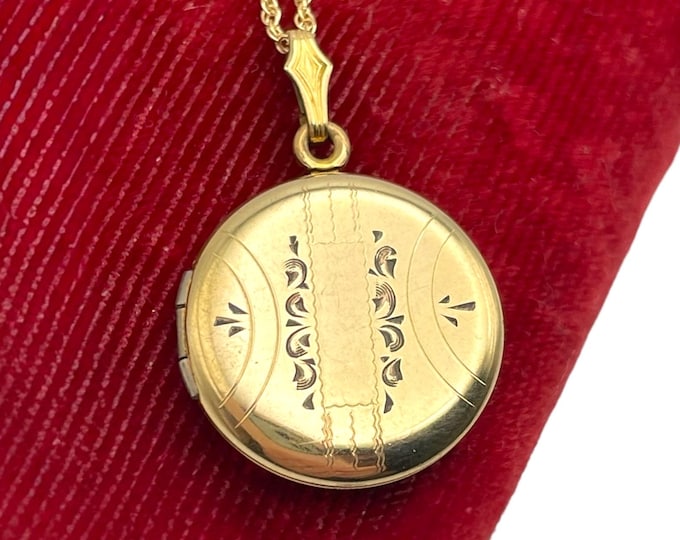 Vintage Floral Etched Locket: 12K Gold Filled Round Pendant Necklace, 14K GF Chain