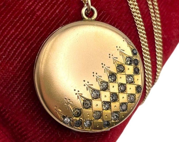 Antique Round Gold Filled Locket - Paste Rhinestones Letter M Monogram W&H CO Hallmark Photo Necklace 14K GF Chain 1900s Estate Jewelry