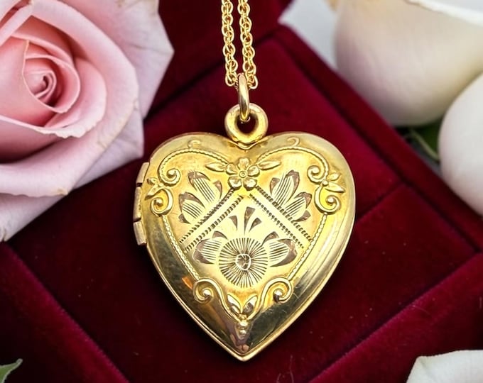 Vintage Floral Etched Heart Locket Necklace – 10K GF Gold Filled Pendant, 14K GF Chain