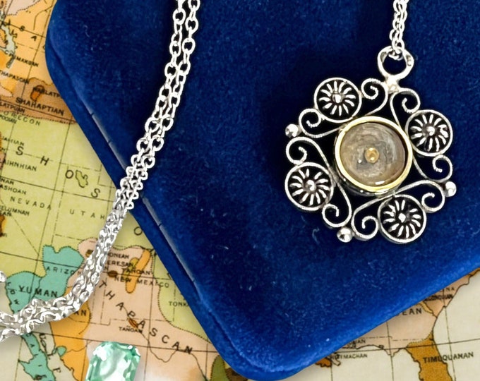 Antique Silver Compass Charm w/ Sterling Silver Chain Necklace - Ornate Filigree Retro 925 Pendant