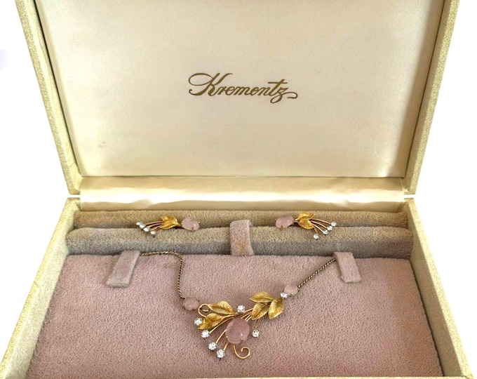 Vintage Krementz Pink Quartz Scarab Necklace & Earrings Set in Original Box, 1960s Jewelry