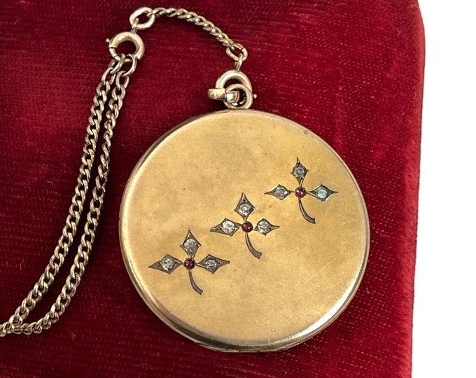Antique Gold Filled Round Locket w/ Paste Stones & Monogram WEK on Drop Chain - B Mfg Co Hallmark - 2 Photo Pendant Necklace Early 1900s