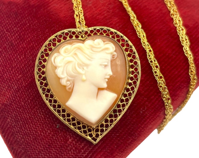 Lovely Vintage Cameo Pendant - Retro 12K Gold Filled Resin Heart Shaped Pin - Circa 1940s Era Statement Fashion Accessory Brooch 40s Jewelry