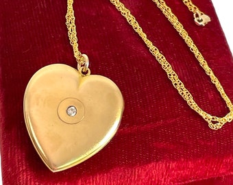 Antique Large Heart with Diamond Locket - Monogrammed JN - Edwardian 10K Gold Necklace Pendant Keepsake Jewelry Gift for Her 14K GF Chain