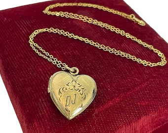 Vintage DJ Etched Heart Locket Necklace - GF Sweetheart Jewelry - Love Fred - 14K Gold Filled Chain Monogrammed Original Photos MCM 1950s