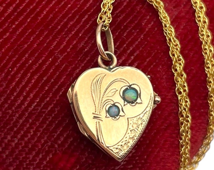 Antique Small Heart Locket Opal Gemstones Lily of the Valley Flower - Monogrammed LK Gold Filled Necklace Pendant Gift for Her 14K GF Chain