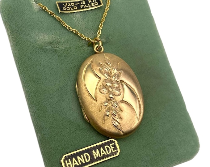 Vintage 12K Gold Filled Oval Locket w/ Florals - New Old Stock - 12K GF Necklace Ca 1940s 2 Photo JMF Fisher Hallmark Matte Finish Gift