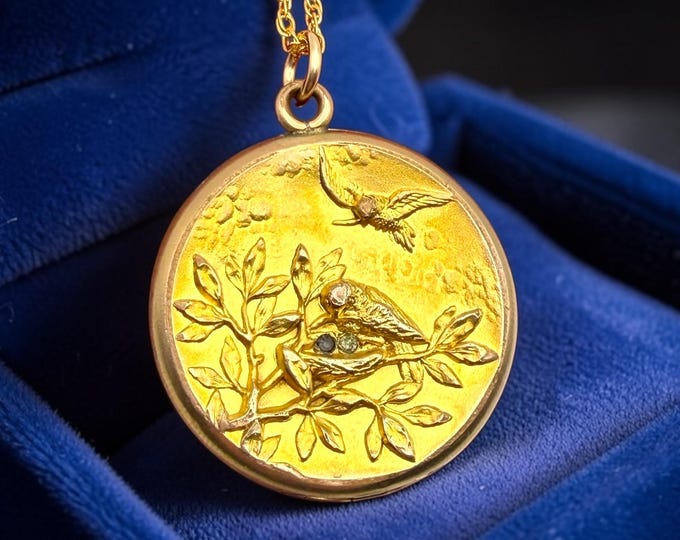 Antique Gold Filled Locket Necklace – Art Nouveau Love Birds Nest Rhinestone Accent