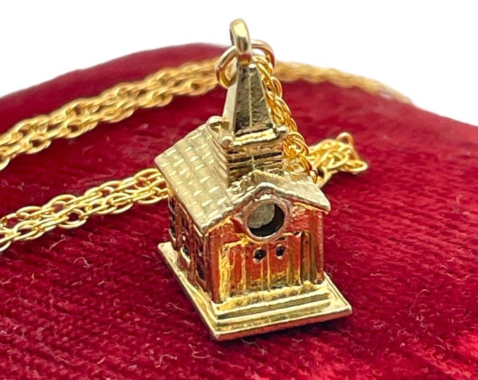 Vintage Stanhope Viewer Church Charm The Lords Prayer Gold over Sterling Three Dimensional - Retro 1960s Era Estate Jewelry Pendant Necklace