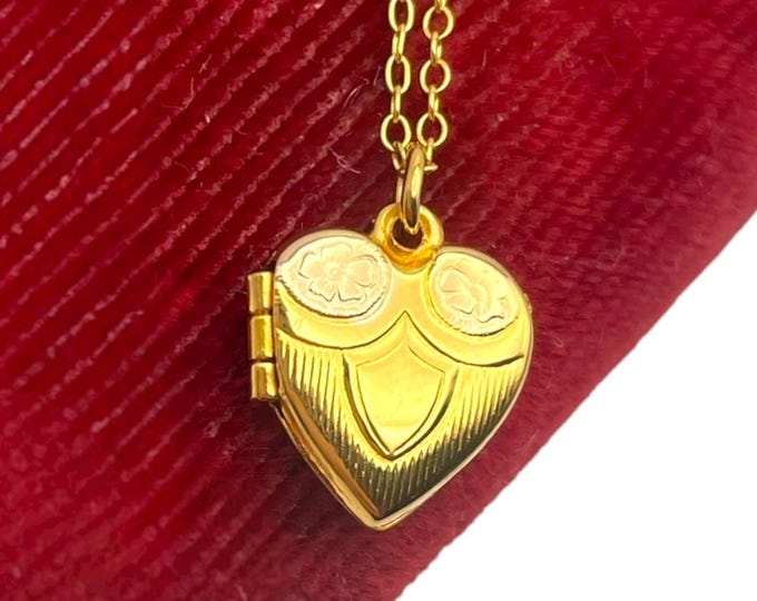 Vintage 12K Gold Filled Heart Locket Necklace - Etched Floral GF Chain