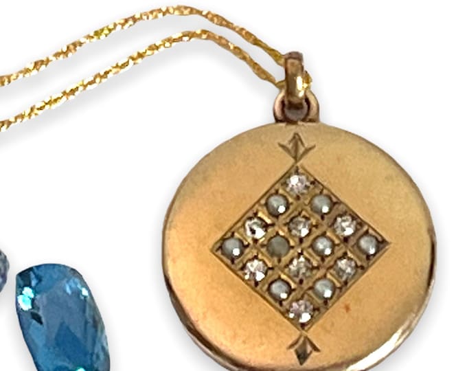 Antique Art Deco Locket Round 2 Photo Necklace on 14K Gold Filled Chain - Bates & Bacon B B Hallmark - Pendant w/ Seed Pearls Paste Stones