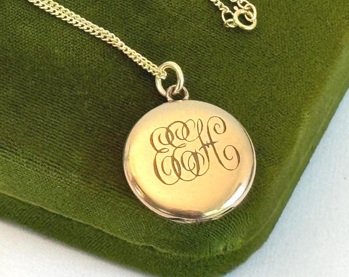 Antique Round Gold Filled Locket - Large Necklace with w/ EEH Monogram - 2 Photo Pendant Necklace on New 14K GF Chain ca 1900 Estate Jewelry