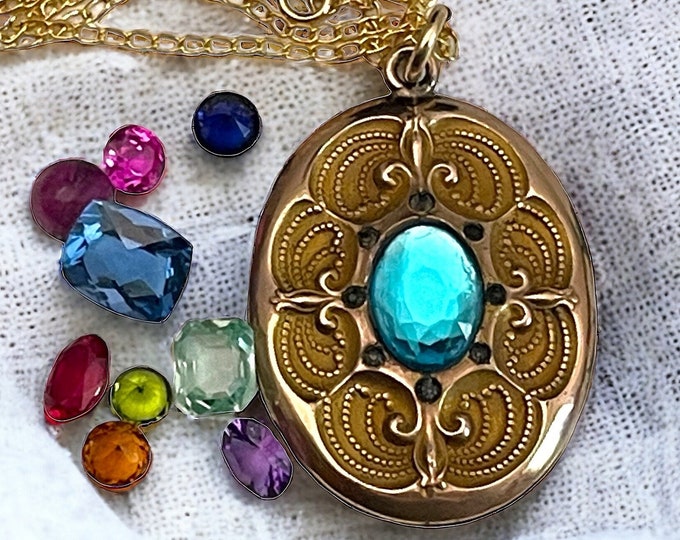 Antique Large Oval Gold Filled Locket w/ Paste Monogram “LEG” - s&bl Hallmark on 14K gold filled Chain - Vintage w/ Aqua + Clear Paste Gems