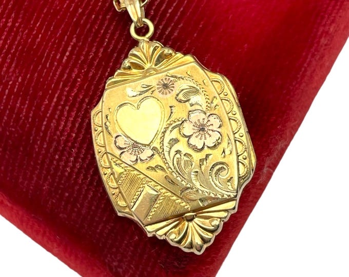 Vintage 12K Gold Filled Locket: Shield Shape, Floral Etched Pendant by Hayward WEH 1930s Jewelry