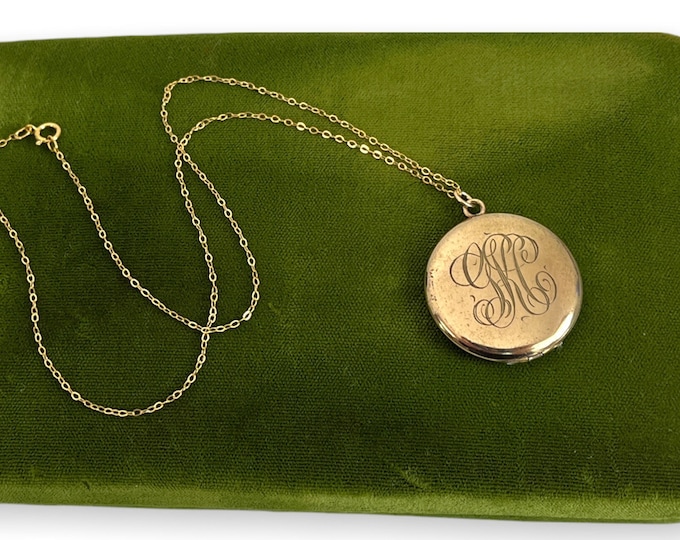 Antique Gold Filled Round Locket on 14K GF Chain Monogram GKC - 2 Photo Wells Early 1900 Large Pendant Necklace - Estate Jewelry