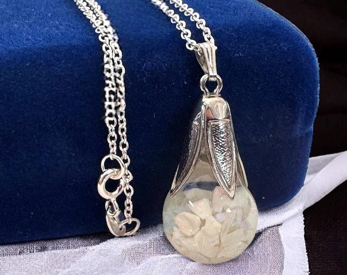 Vintage Sterling Silver Iris Floating Opal Pendant Necklace - Art Deco Style - Chips in Glass Orb Gemstone Dangle 925 Jewelry Play of Color