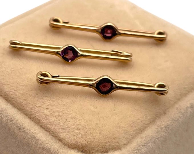 Antique Matching Gold Filled Brooches Lingerie Pins - Set of 3 GF Small Petite Purple Paste Stone Rhinestone Design - Vintage Estate Jewelry
