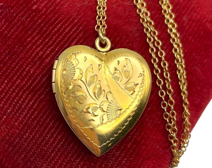 Vintage Gold Filled Etched Heart Locket Necklace on 12K GF Chain - Floral Flower Pendant - Vintage Estate Jewelry Mid Century 1940s Gift