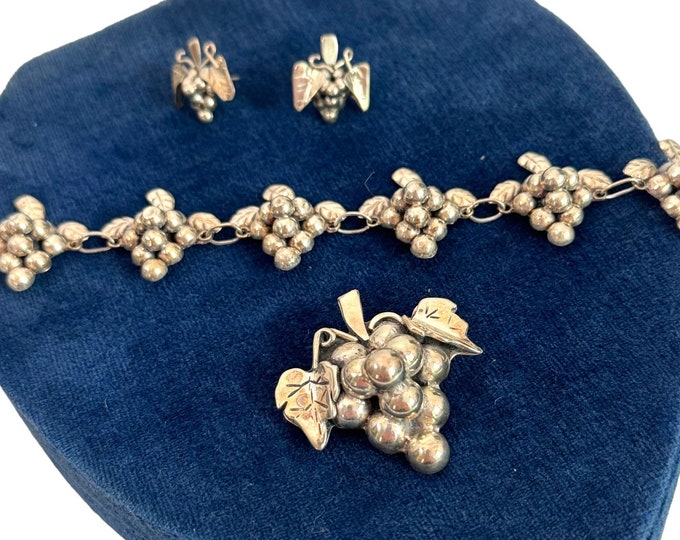 Vintage Silver Brooch Earrings Bracelet Set - Mexico 4 pc Sterling Set - Grape Vineyard Grapes Wine Pin Jewelry - Retro 925 Gift for Her