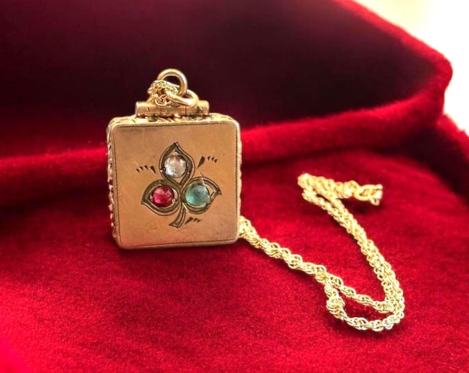 Antique Gold Filled Square Locket, Tri-color Paste Gems, JWB Monogram, 18" Chain