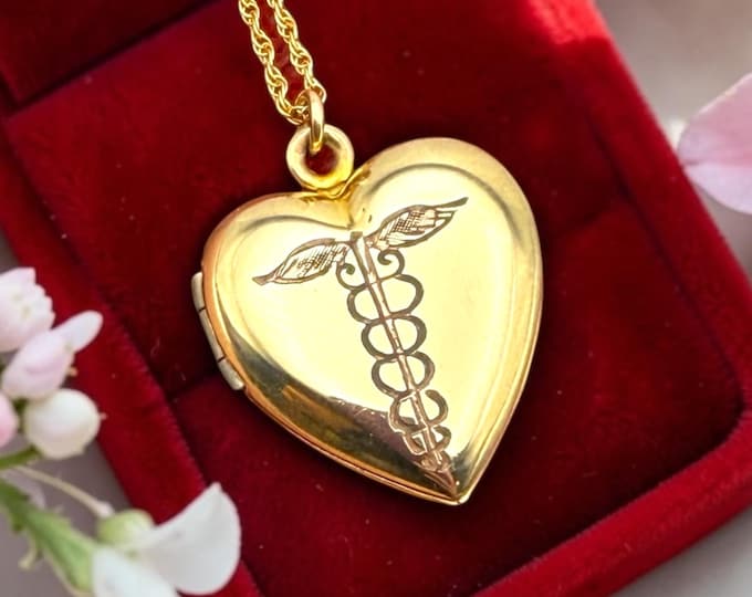 Vintage Gold Filled Heart Locket Necklace – Caduceus Medical Pendant, 18" Rope Chain