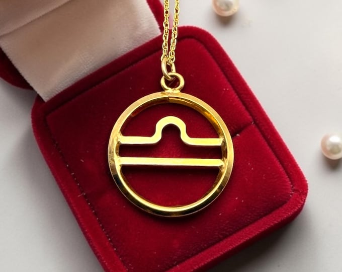 Vintage Gold Libra Necklace: Gold Filled Round Glyph Zodiac Pendant, 14K GF Chain