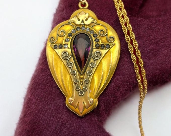 Art Nouveau Purple Rhinestone Locket - LARGE Gold Filled Shield Shape Antique Photo Necklace by W&H “GH” Monogram 12K GF Chain Paste Stones