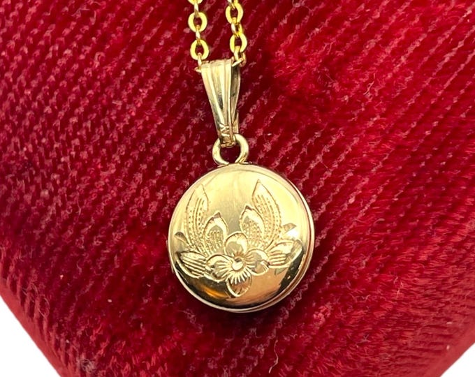 Vintage Small Round Locket - Girl’s Necklace Gold Overlay 12K GF Chain Etched Petite Tiny Pendant Charm Jewelry Children's by BAB Ballou