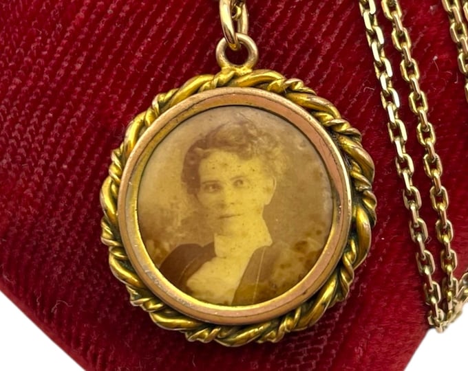 Antique Mourning Pendant Photo Necklace on 12K Gold Filled Chain - Round Victorian Charm with Photo Late 1800s Estate Jewelry Unique Gift