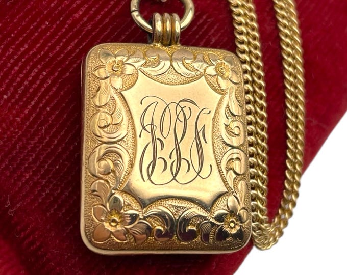 Antique Edwardian Engraved Rectangle Locket - Vintage Gold Filled A.E.T. & Co. Monogram "JPF" Etched Flowers 14K GF Chain Necklace Photo