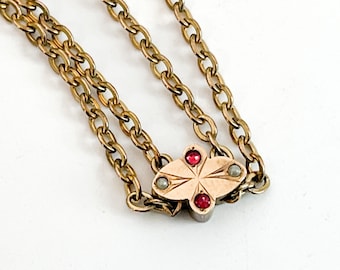 Victorian Gold Filled Slide w/ Simulated Rubies & Seed Pearls Lorgnette - Antique Necklace Dog Chain Clip - Victorian Estate Jewelry 1900s