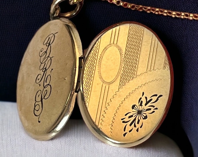 Vintage 12K Gold Filled Etched Oval Locket on 14K GF Rolo Chain - BAS Monogram w/ Cartouche & Florals Pinstripes - 2 Photo Pendant Necklace