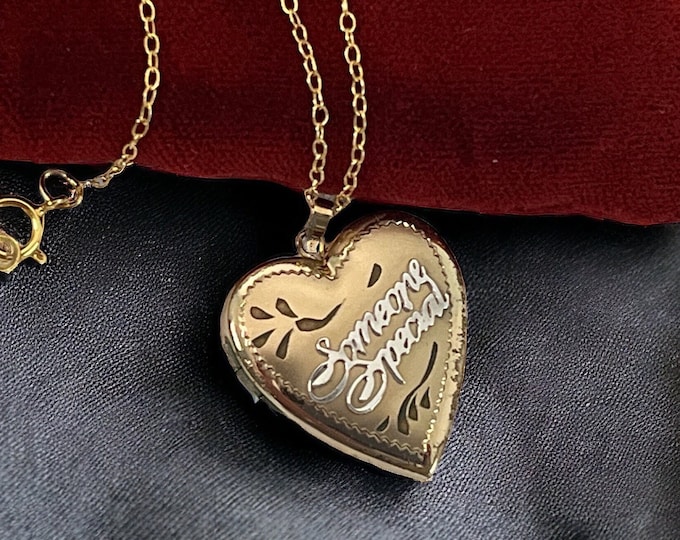 Vintage 14K Gold Filled Etched Heart Locket w/ SOMEONE SPECIAL on 14K GF Chain - 2 Photo Necklace Pendant Retro Era Estate Jewelry