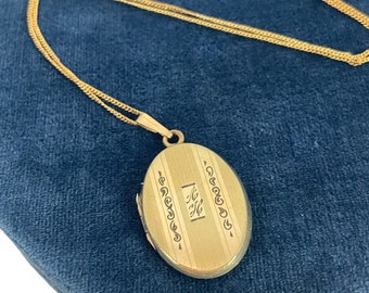 Vintage 12K Gold Filled Etched Oval Locket on 12K GF Chain - AH A.H. Monogram w Etching Pinstripes 2 Photo Pendant Necklace Gift for Her B&B