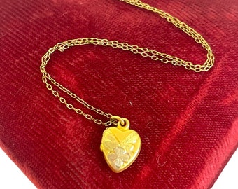 Vintage 12K Gold Filled Heart Locket Girl’s Necklace 12K GF Chain - Etched Petite Tiny Pendant Charm Jewelry Children's Photo - H F Barrows