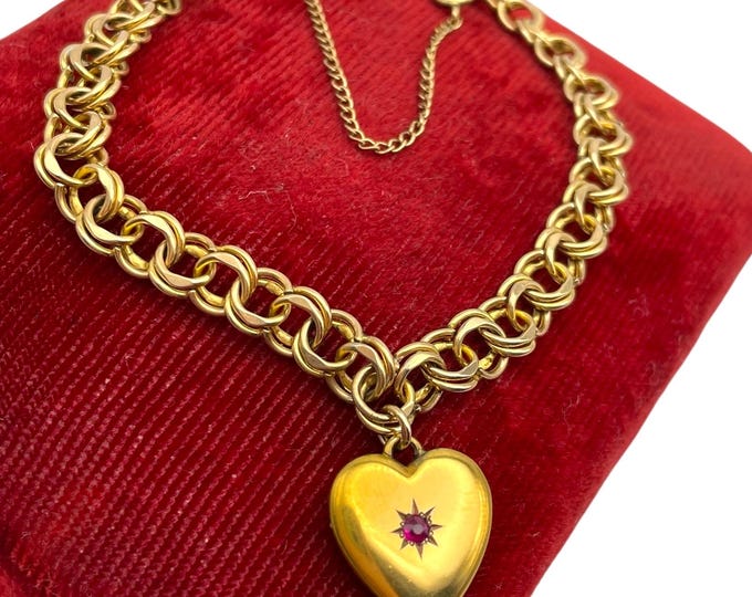 Vintage 12K Gold Filled Charm Bracelet: Red Rhinestone Heart, Monogrammed