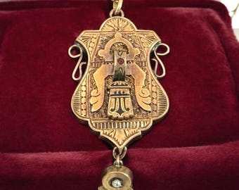 Antique Victorian Pendant: Ruby, Black Enamel, Seed Pearl Drop, Vtg Brass Specialty Chain