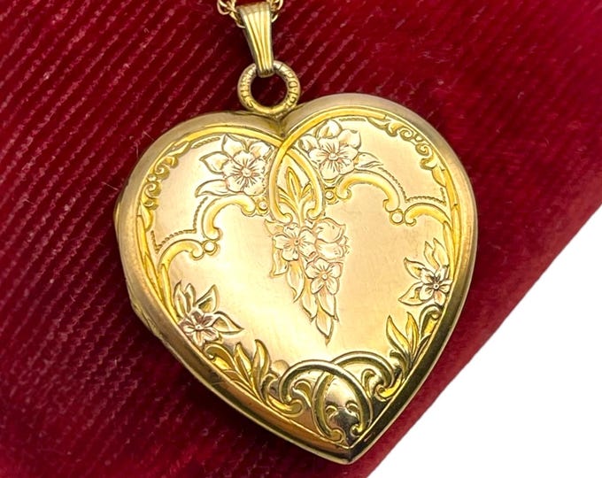 LARGE Vintage 12K Gold Filled Heart Locket Necklace: Sturdy Co. Etched Floral Keepsake Pendant with Chain