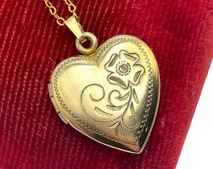 Vintage 14K Gold Filled Heart Locket Necklace, Etched Floral Design, 1940s Estate Jewelry