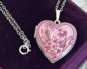 Vintage Pink Enamel Floral Locket on Sterling Silver Chain - Michaela Frey Heart Necklace w/ 2 Photo Wells - Estate Jewelry Retro Ca 1980s